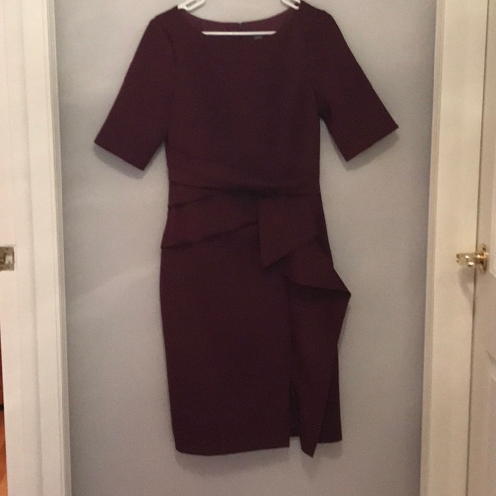 Vince Camuto Wine Waist Tuck Ruffle Scuba Dress